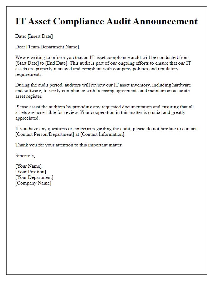 Letter template of IT asset compliance audit announcement