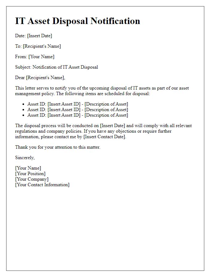 Letter template of IT asset disposal notification