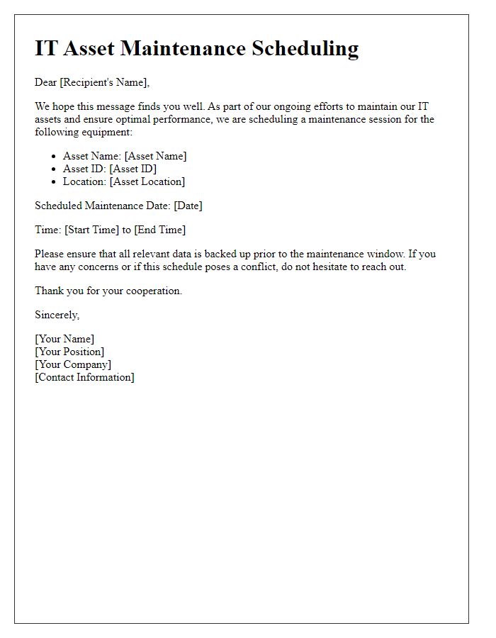 Letter template of IT asset maintenance scheduling