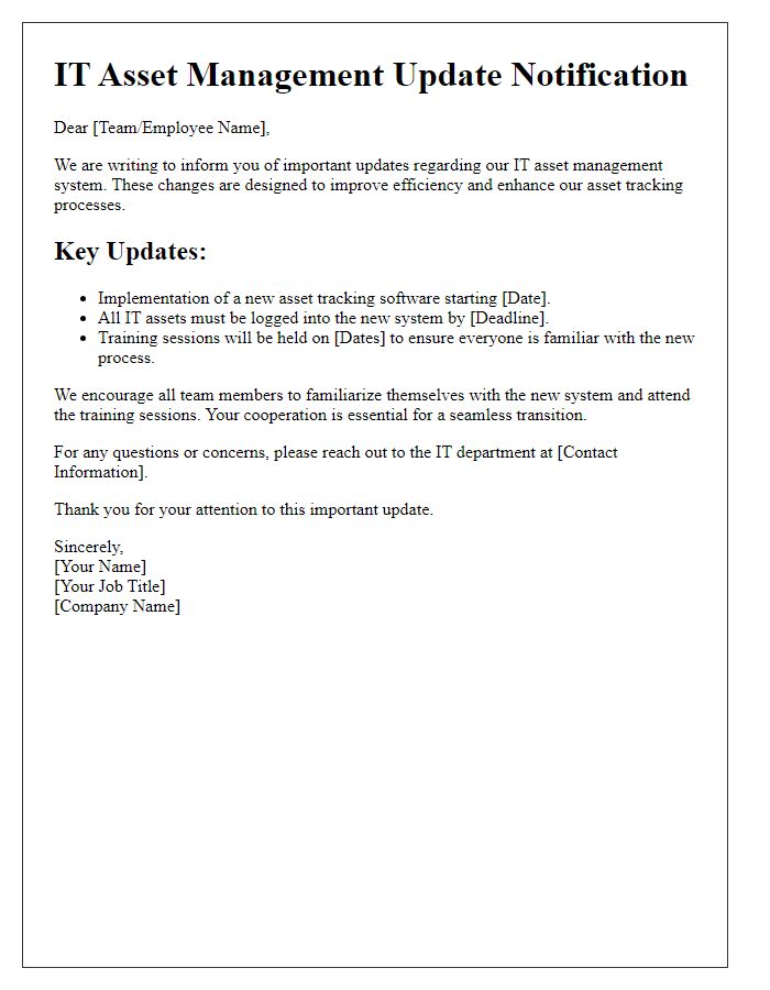 Letter template of IT asset management update notification