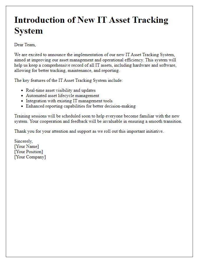 Letter template of IT asset tracking system introduction