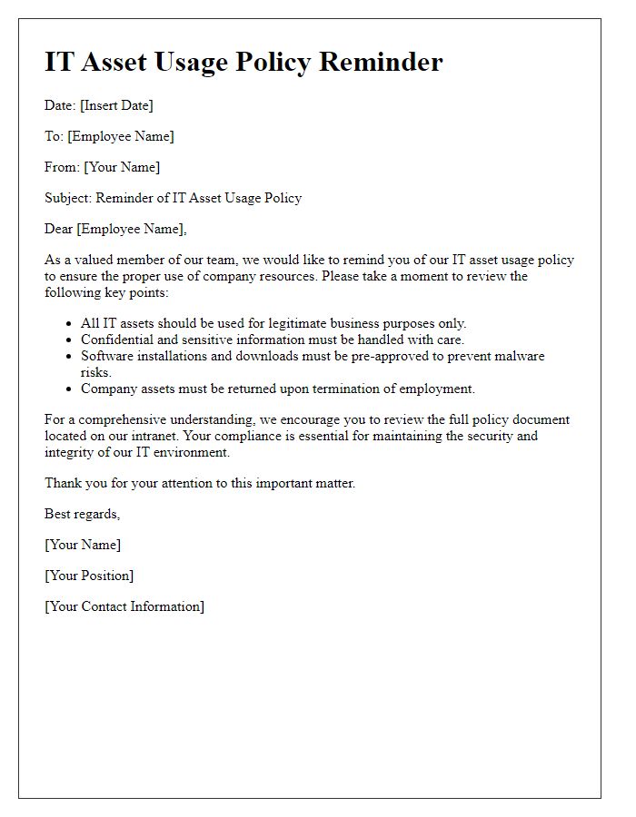 Letter template of IT asset usage policy reminder