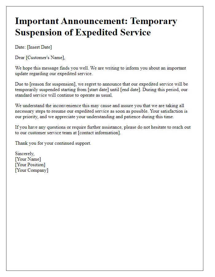 Letter template of expedited service suspension announcement