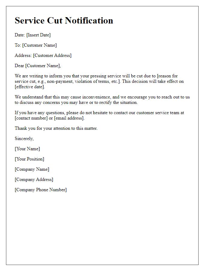 Letter template of pressing service cut notification