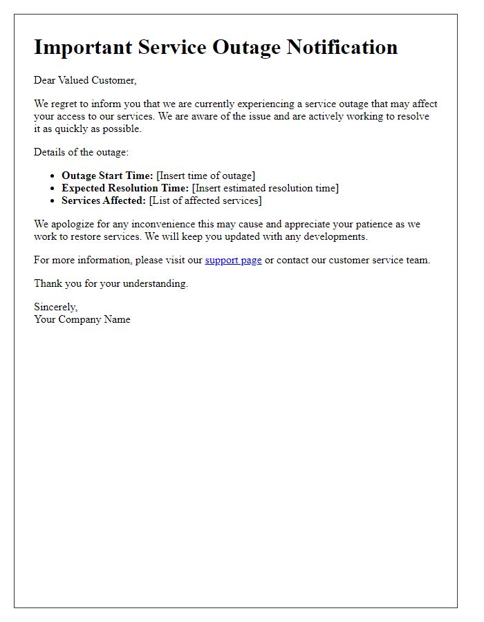 Letter template of prompt service outage alert