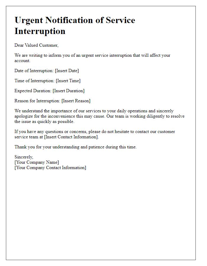 Letter template of urgent service interruption notification