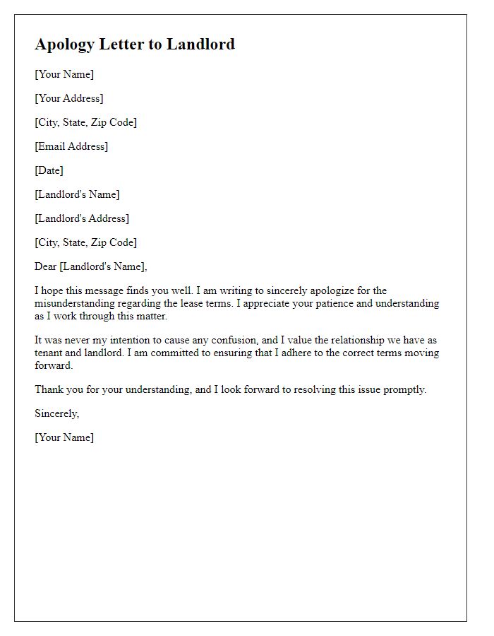 Letter template of brief apology to landlord for misunderstanding lease terms.