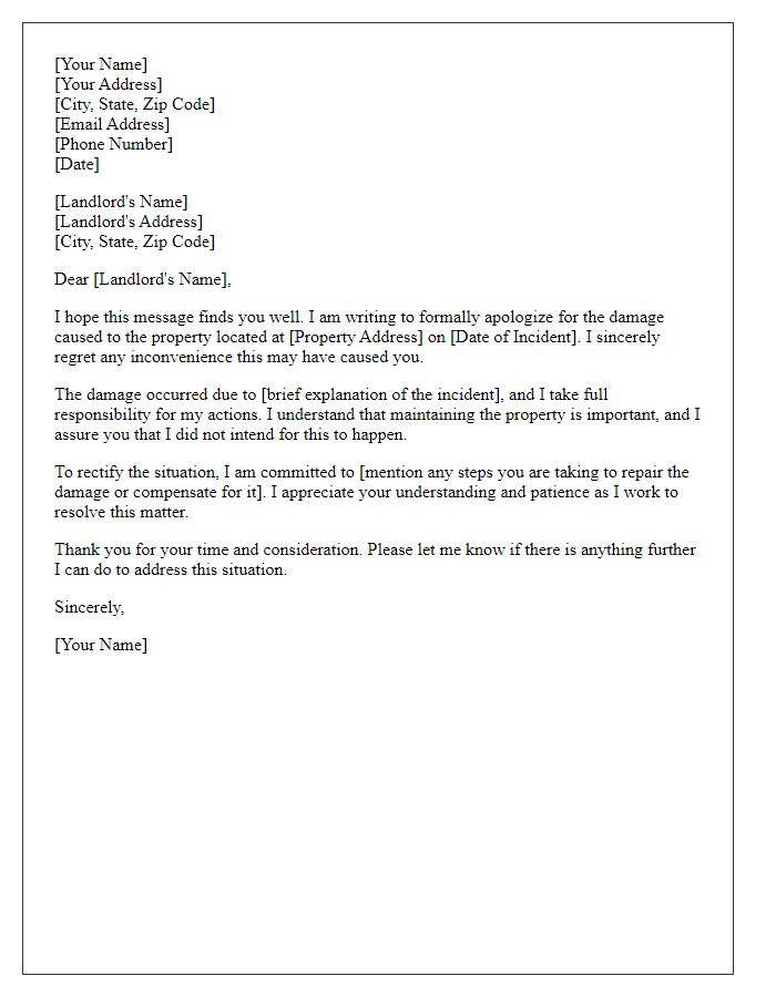 Letter template of formal apology to landlord for property damage.