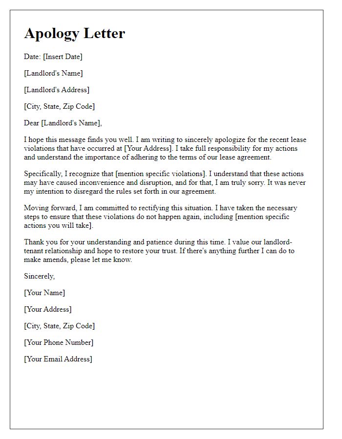 Letter template of honest apology to landlord for lease violations.