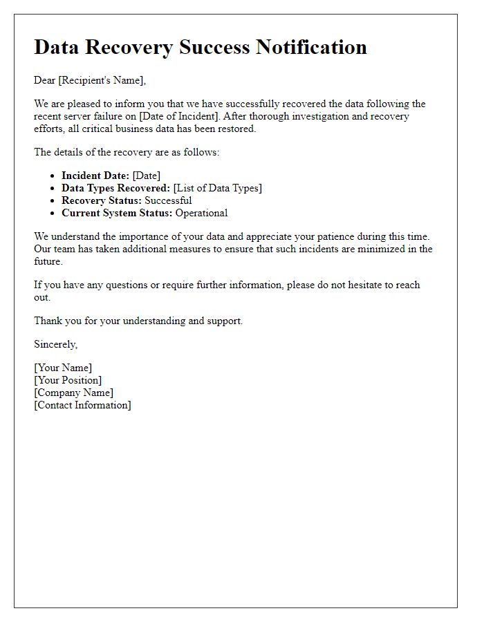 Letter template of data recovery success for a business after server failure.