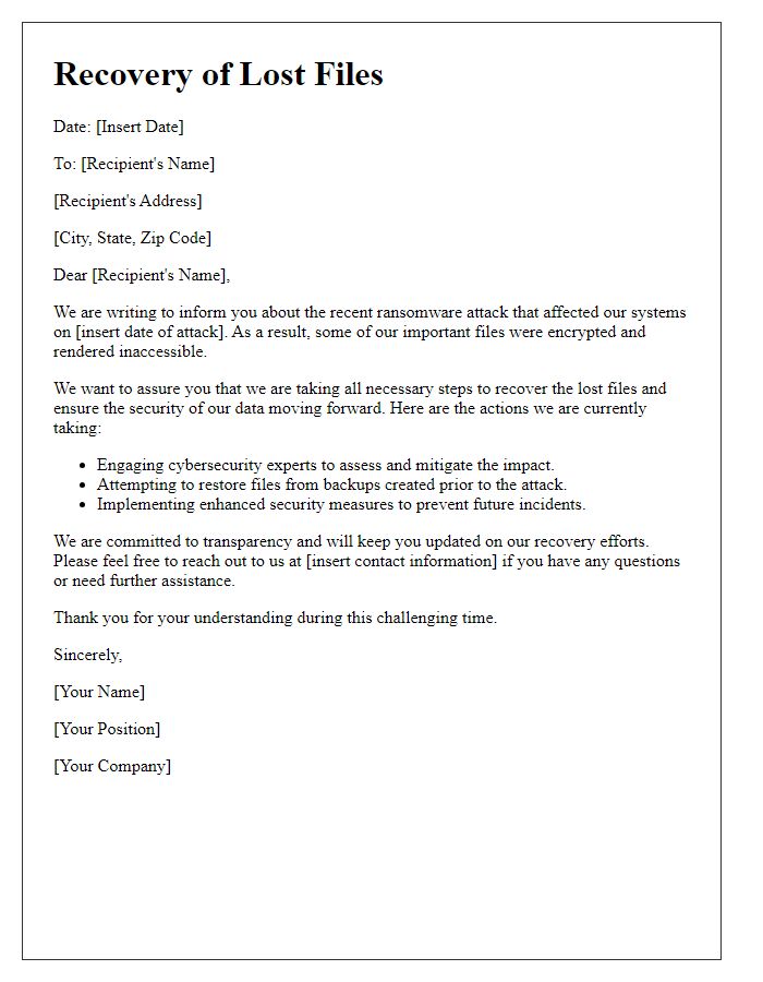 Letter template of recovering lost files after ransomware attack.
