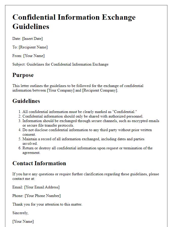 Letter template of confidential information exchange guidelines