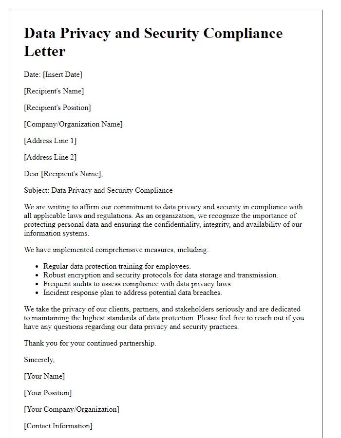 Letter template of data privacy and security compliance