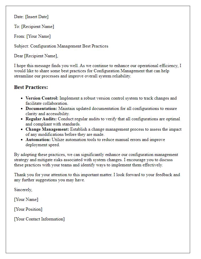 Letter template of configuration management best practices