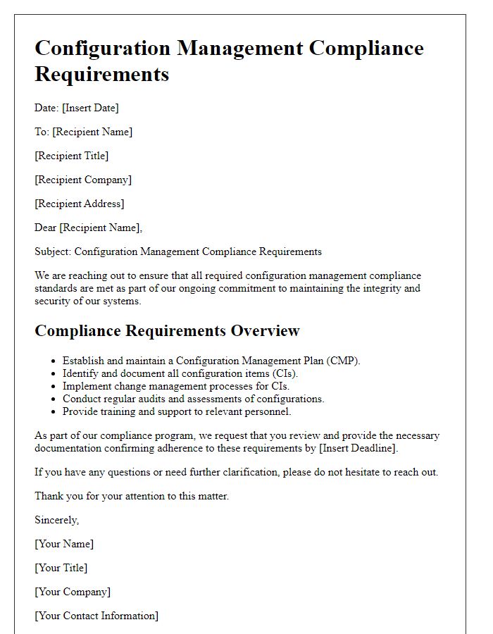 Letter template of configuration management compliance requirements