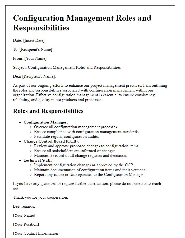 Letter template of configuration management roles and responsibilities