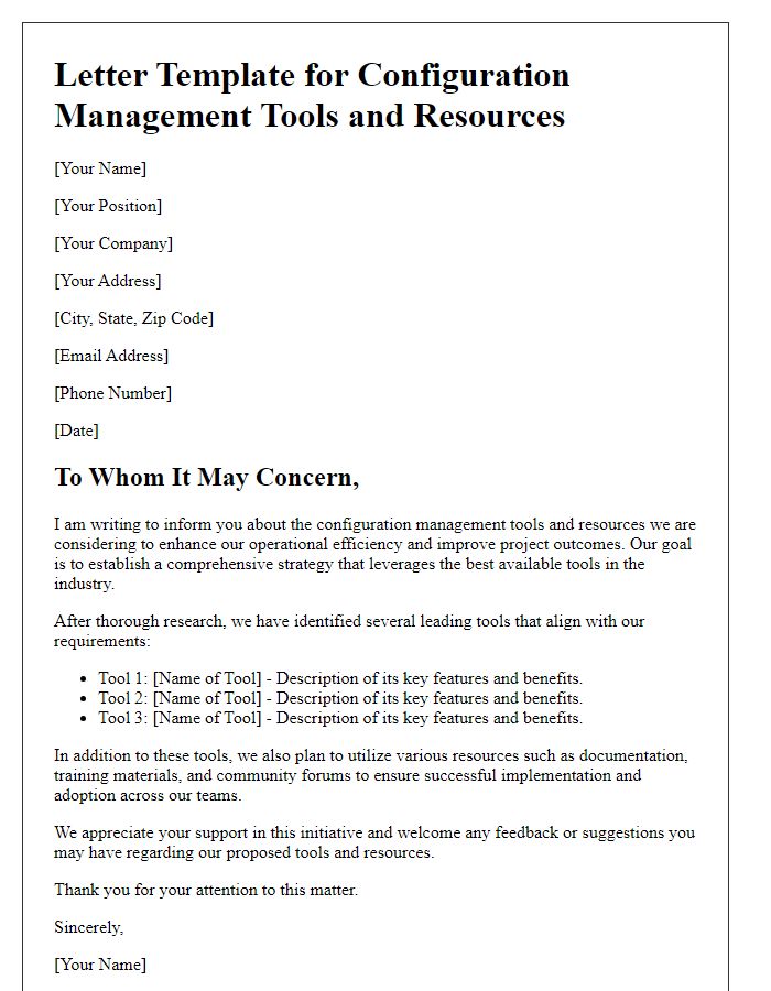 Letter template of configuration management tools and resources