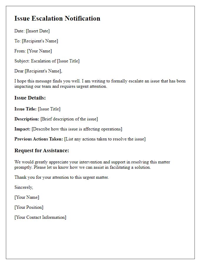 Letter template of issue escalation notification