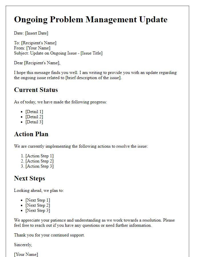 Letter template of ongoing problem management communication