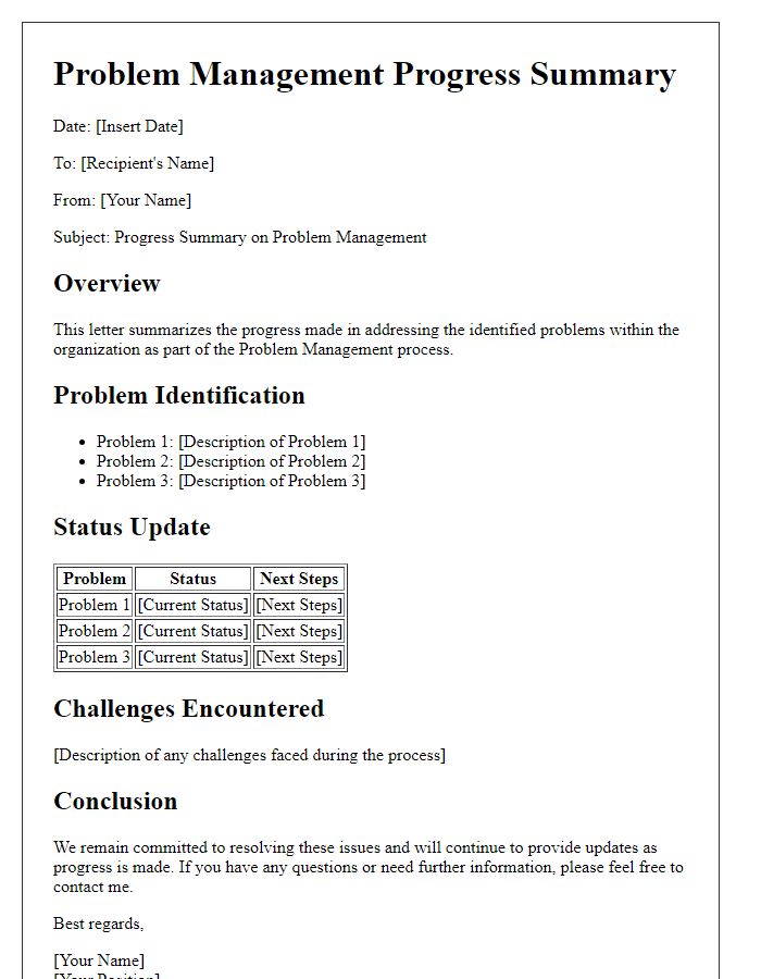 Letter template of problem management progress summary