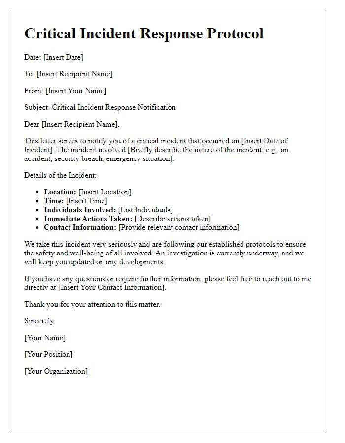 Letter template of critical incident response protocol.