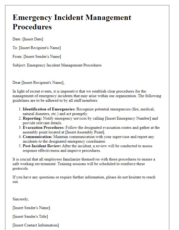 Letter template of emergency incident management procedures.