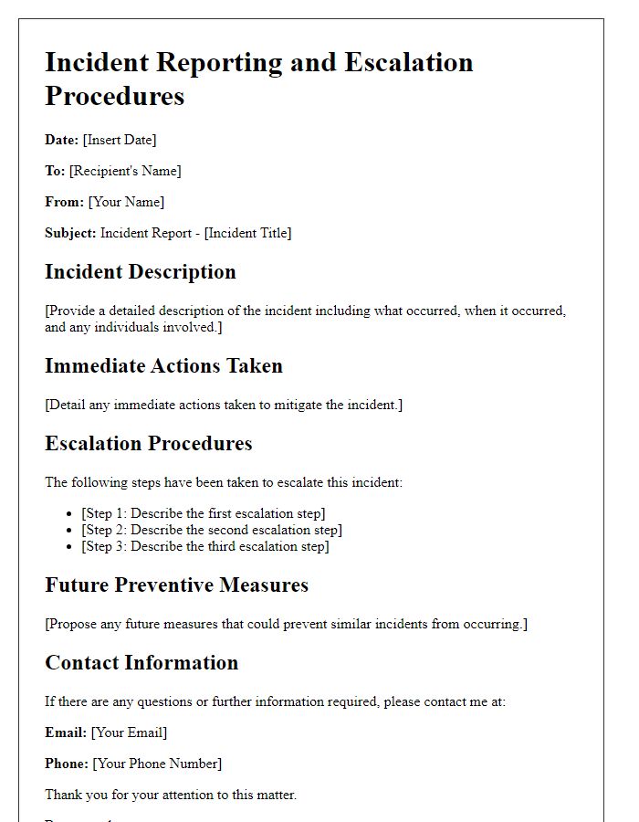 Letter template of incident reporting and escalation procedures.