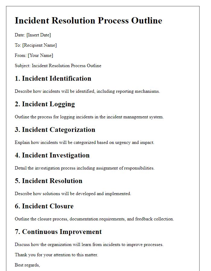 Letter template of incident resolution process outline.