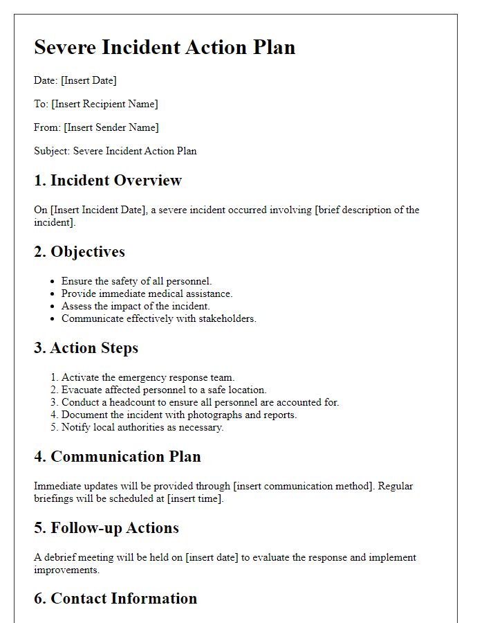 Letter template of severe incident action plan.