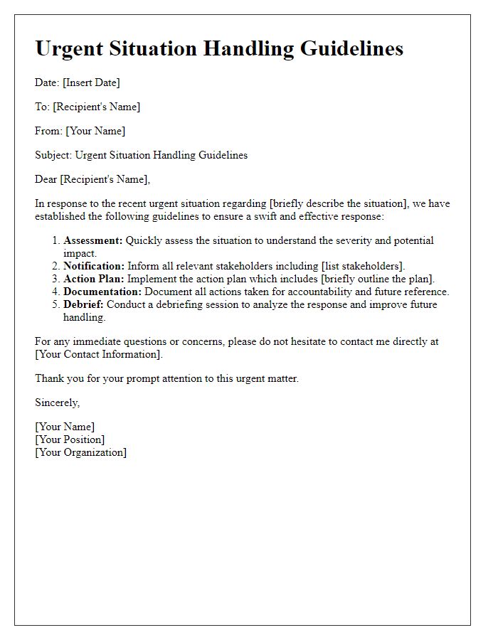 Letter template of urgent situation handling guidelines.