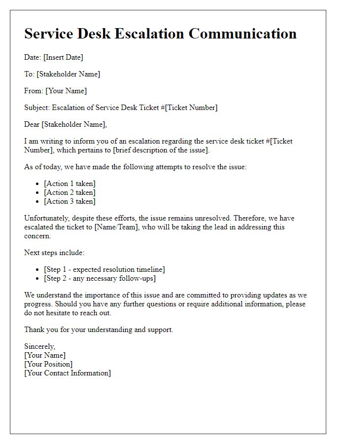 Letter template of service desk escalation communication for stakeholder updates