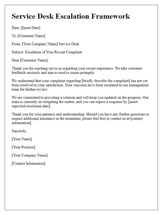 Letter template of service desk escalation framework for customer complaints