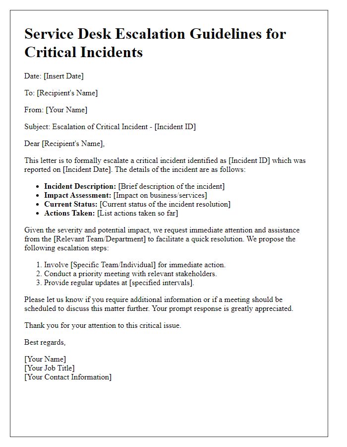 Letter template of service desk escalation guidelines for critical incidents