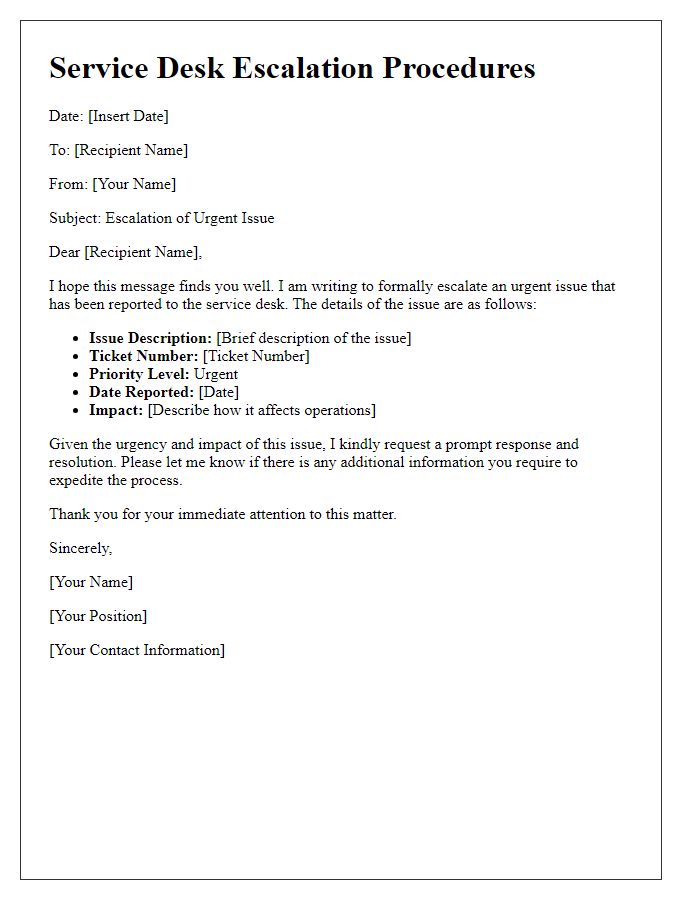 Letter template of service desk escalation procedures for urgent issues