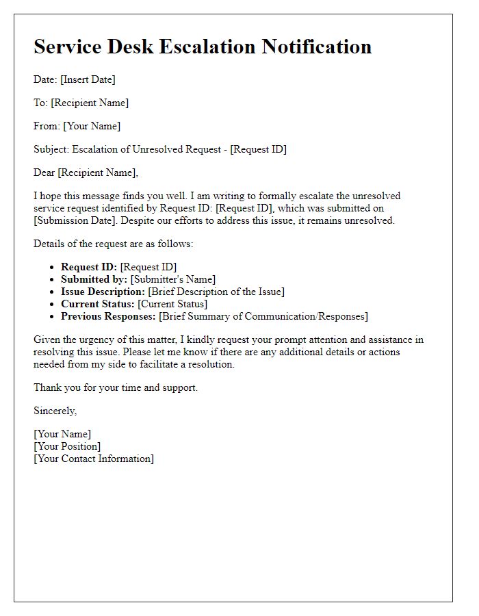 Letter template of service desk escalation process for unresolved requests