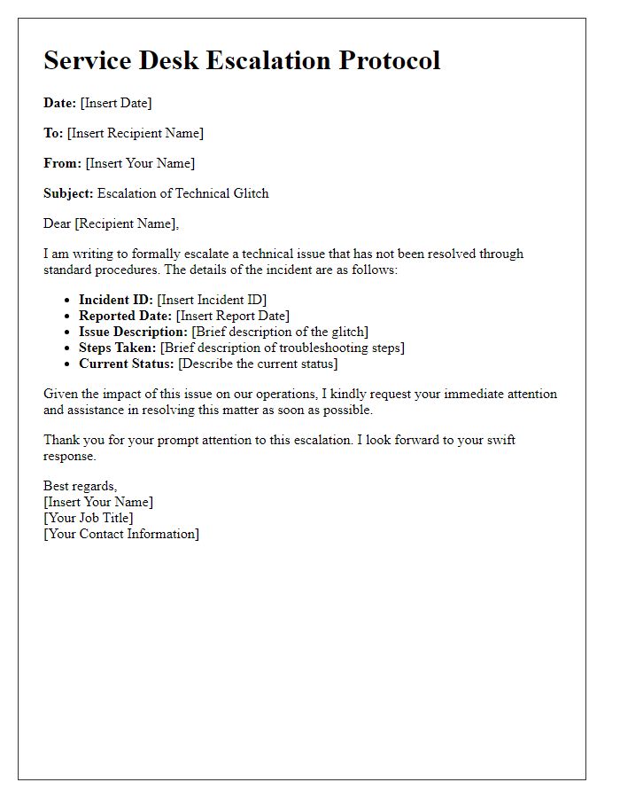 Letter template of service desk escalation protocol for technical glitches