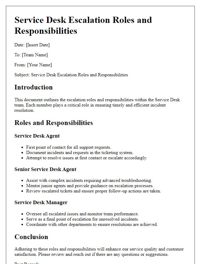 Letter template of service desk escalation roles for team responsibilities