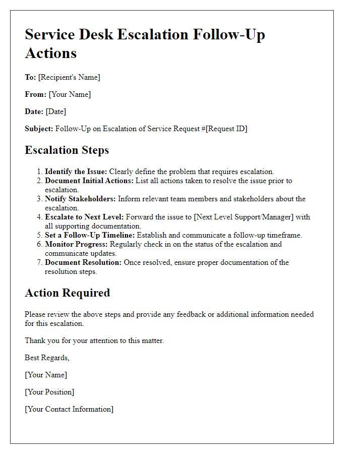 Letter template of service desk escalation steps for follow-up actions