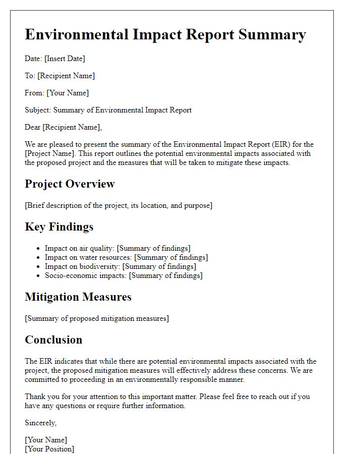 Letter template of Environmental Impact Report Summary