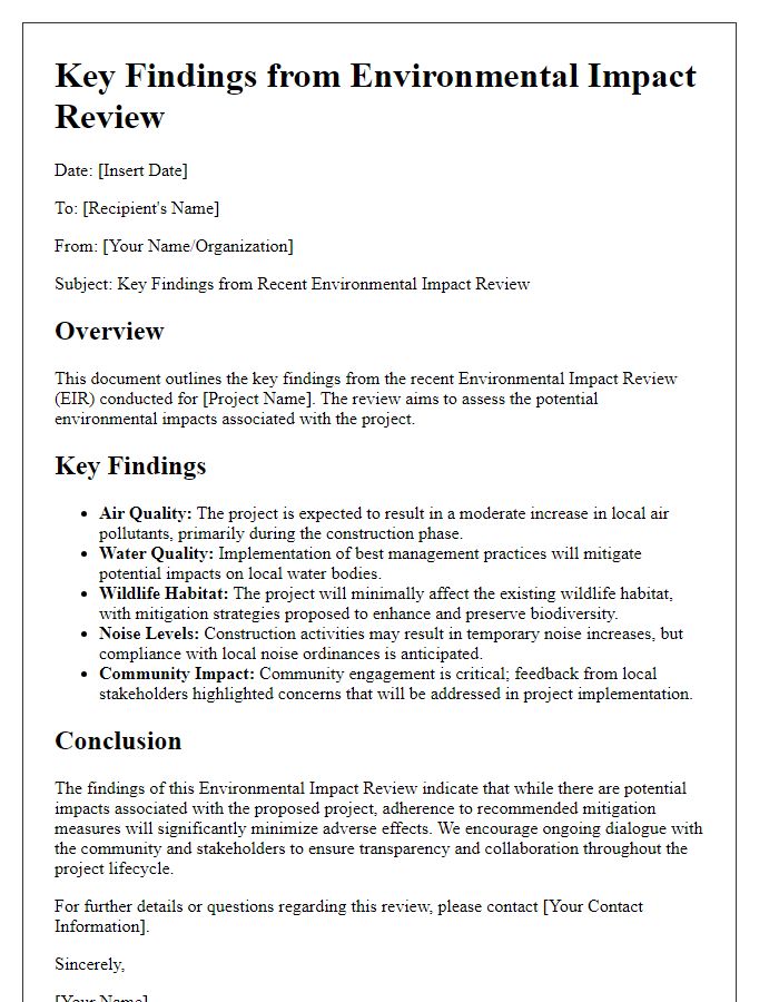 Letter template of Key Findings from Environmental Impact Review