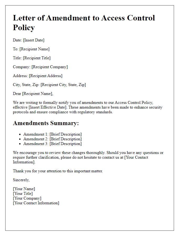 Letter template of access control policy amendments