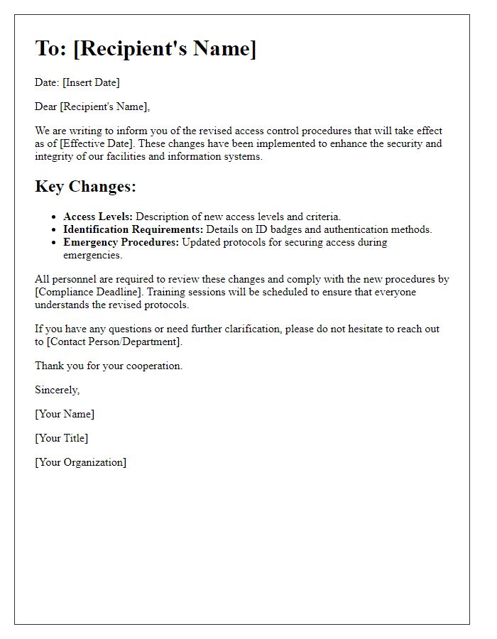 Letter template of revised access control procedures