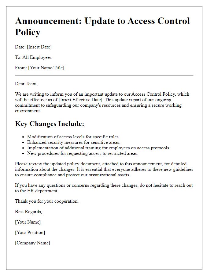 Letter template of updated access control policy announcement