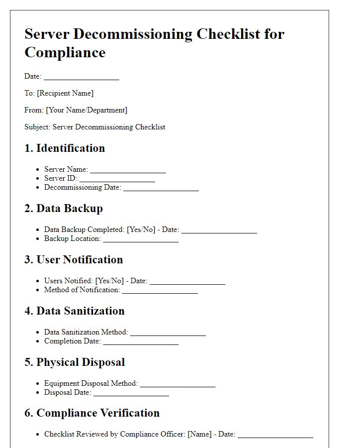 Letter template of server decommissioning checklist for compliance