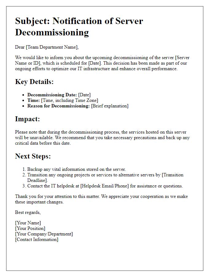 Letter template of server decommissioning communication strategy