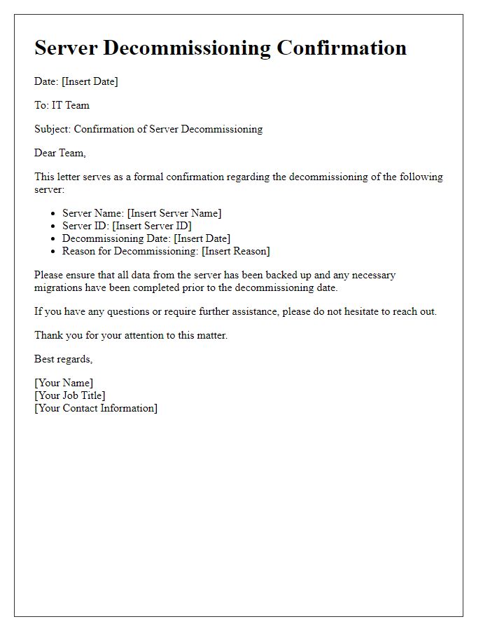 Letter template of server decommissioning confirmation for IT team