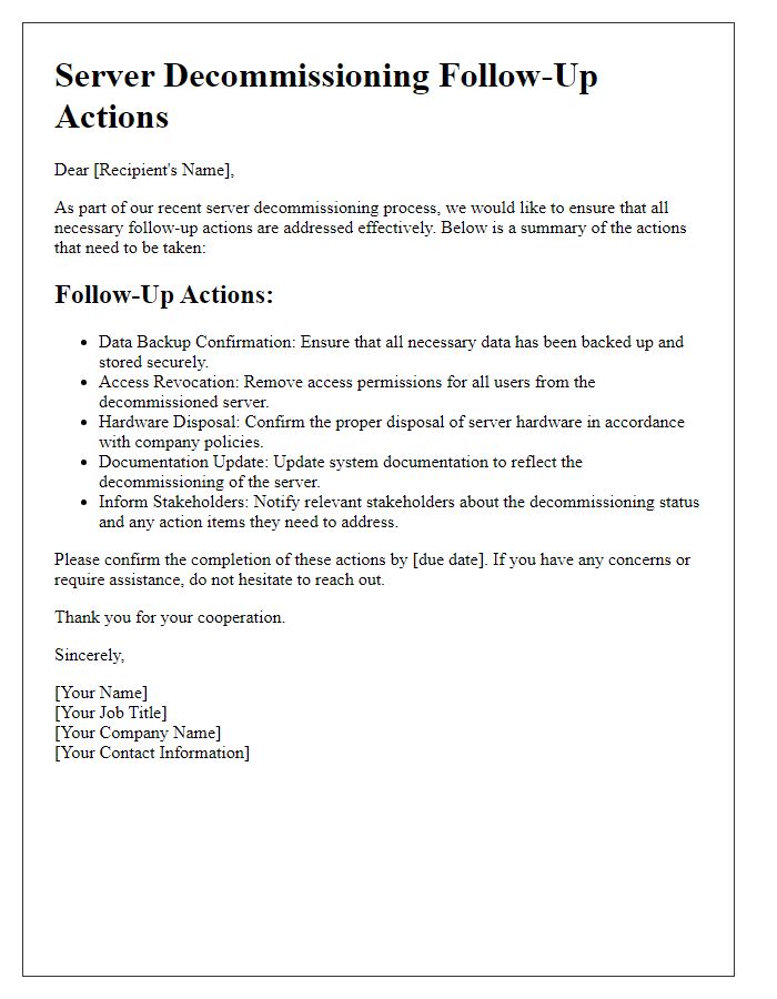 Letter template of server decommissioning follow-up actions
