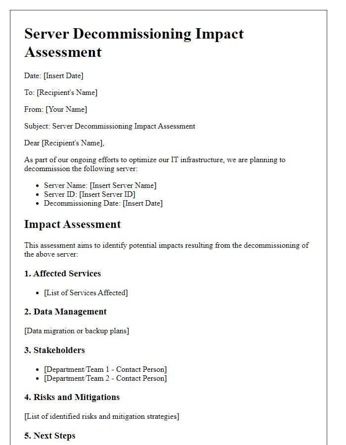 Letter template of server decommissioning impact assessment