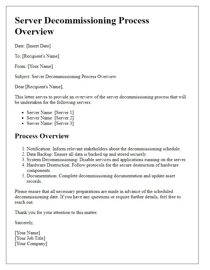 Letter template of server decommissioning process overview