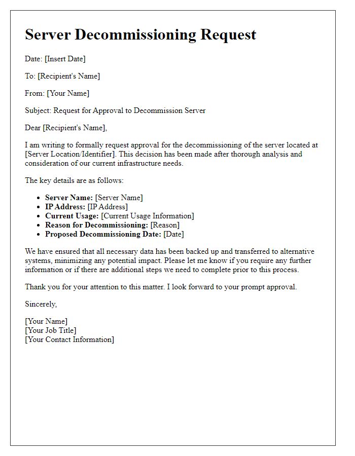 Letter template of server decommissioning request for approvals